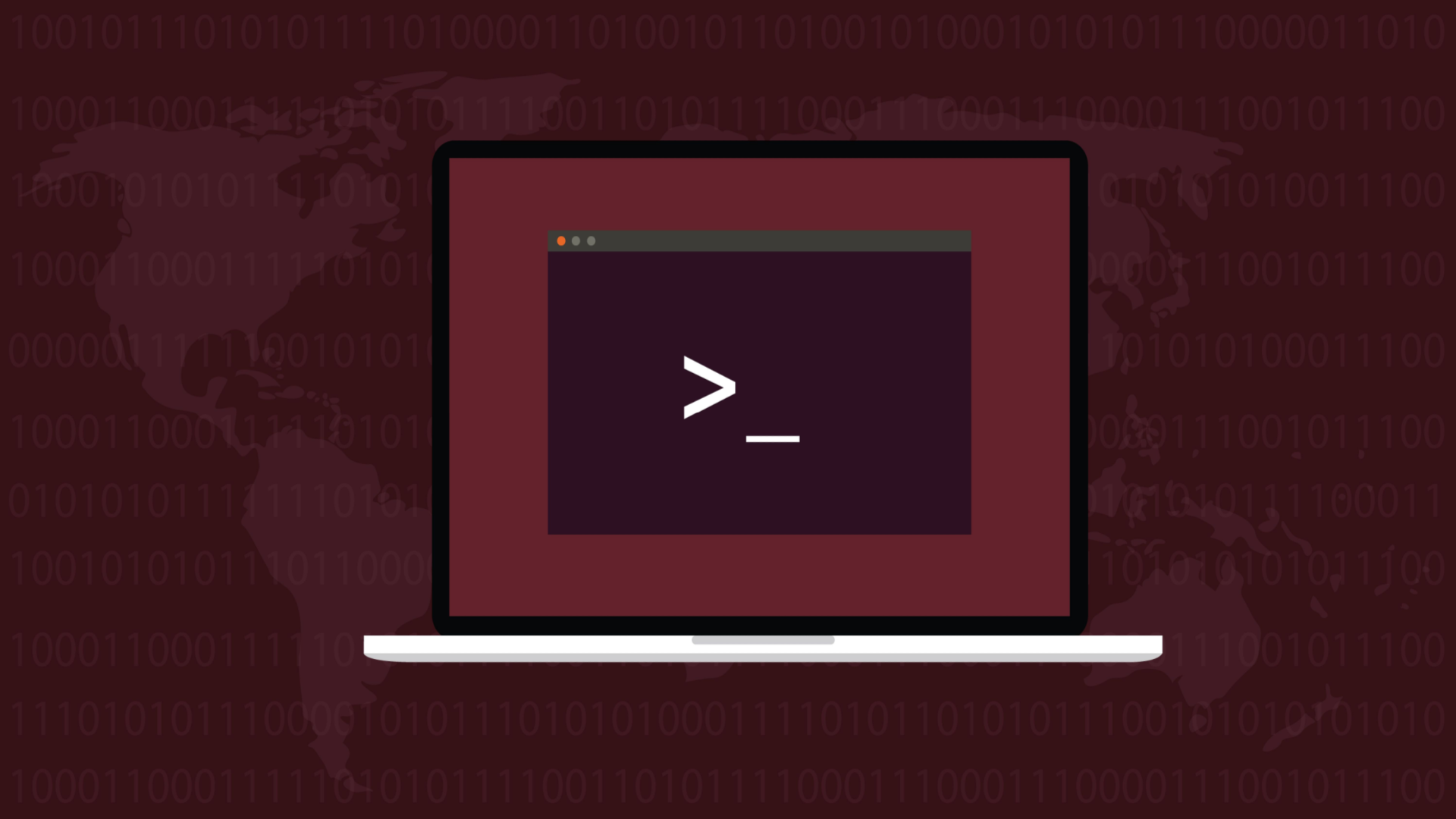 Laptop Linux mostrando uma janela de terminal com um padrão de globo no fundo e uma marca d’água binária