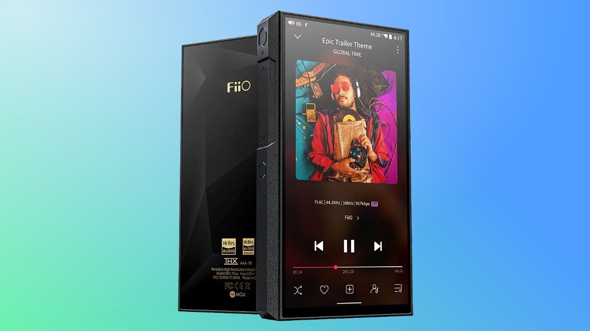 Fiio m11plus em fundo verde e azul