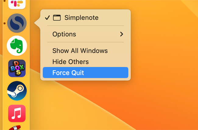 Forçar o encerramento do aplicativo Mac com o botão direito e a tecla Opção