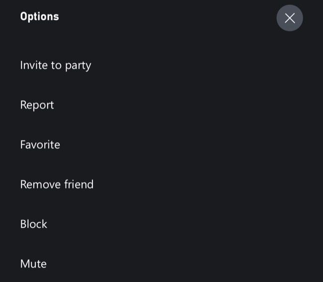 Opções de amigos do Xbox no aplicativo móvel