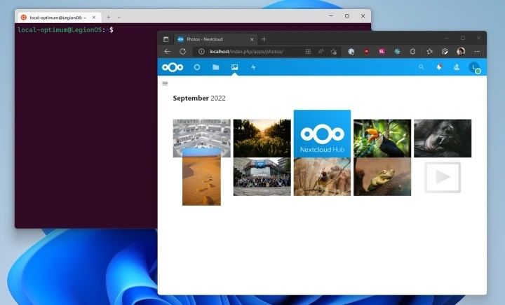 Captura de tela do WSL2 e um navegador com Nextcloud em execução