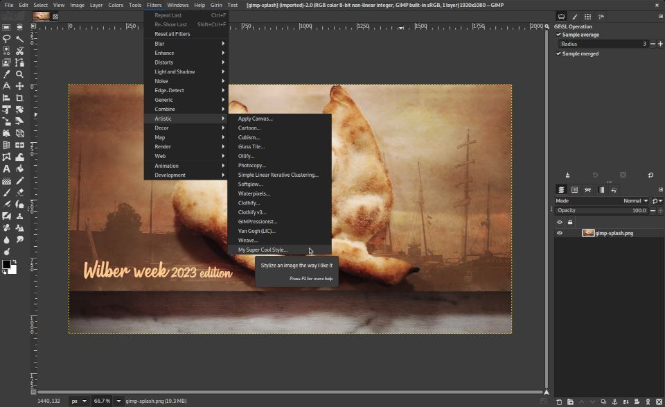 Captura de tela do GIMP com menu mesclado e barras de título