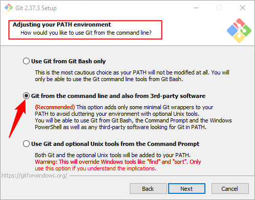 Certifique-se de que "Git da linha de comando e também de software de terceiros" esteja selecionado.