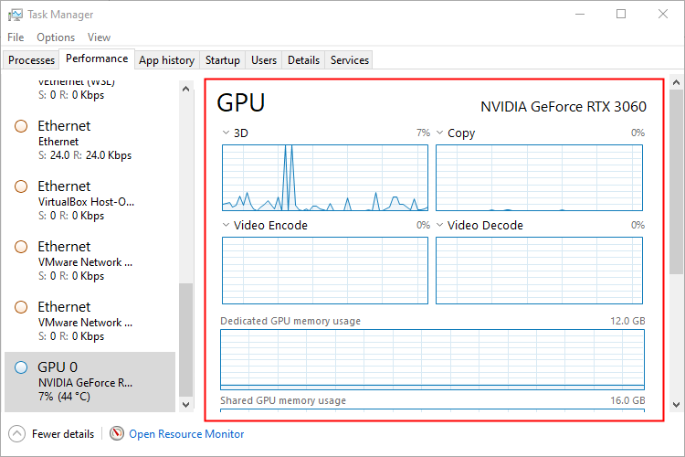 Selecionamos a GPU no Gerenciador de Tarefas.