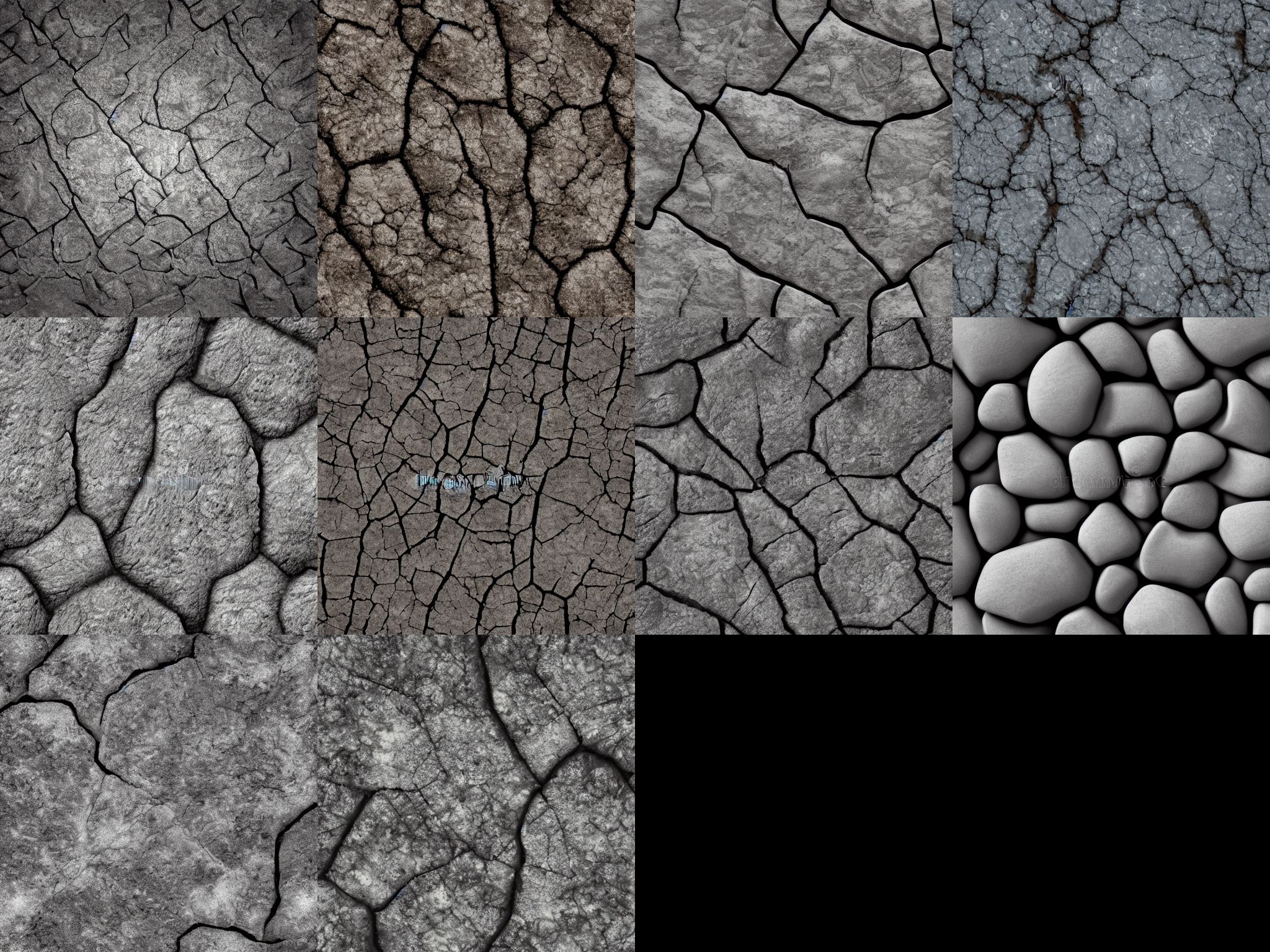 Uma imagem lado a lado de 10 texturas de pedra potenciais geradas com Difusão Estável.