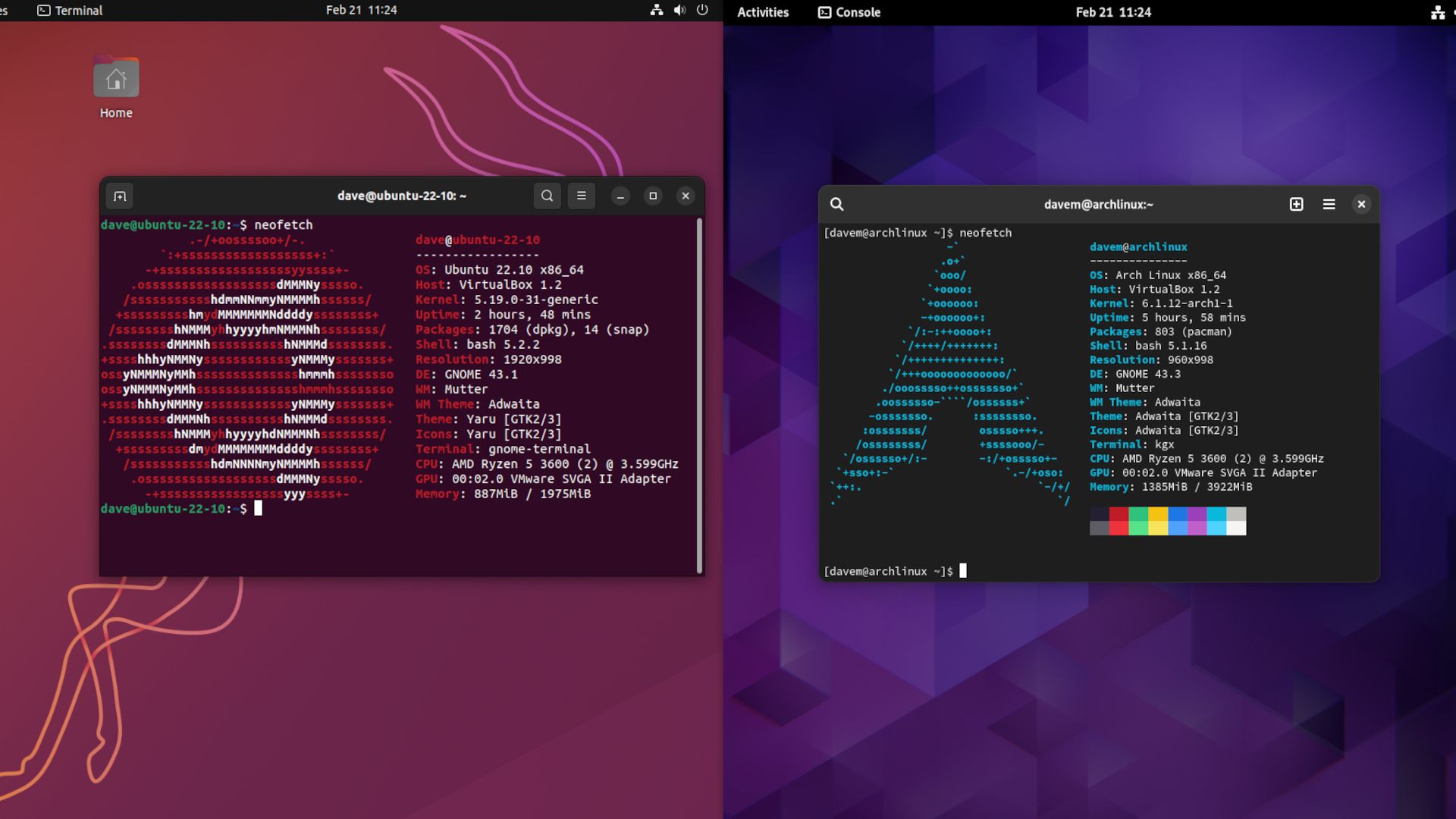 Desktops Ubuntu e Arch Linux GNOME, lado a lado