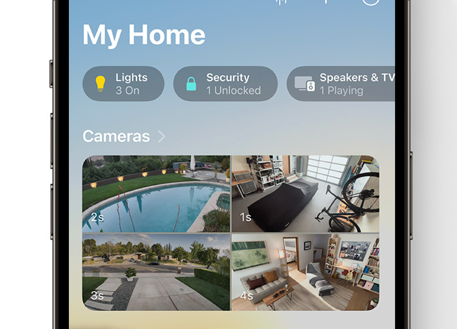 Aplicativo iOS 16 Home mostrando visualização da câmera de vídeo segura do HomeKit