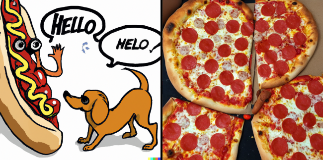 Um cachorro-quente cumprimentando uma pizza.