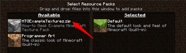 Clique em HTGExampleTextures.zip na página "Selecionar pacotes de recursos" para trocar as texturas vanilla por nossas texturas.