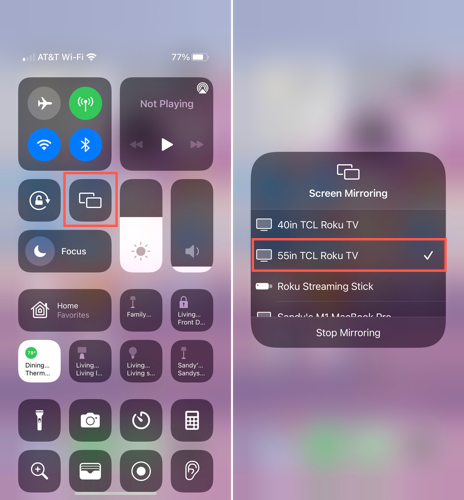 Ícone e opções de espelhamento de tela no iPhone