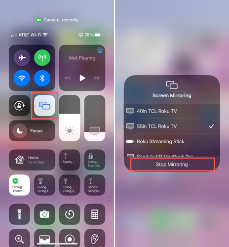 Ícone de espelhamento de tela e opção Parar espelhamento no iPhone