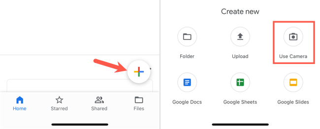 Novo documento e uso da câmera no Google Drive no iPhone