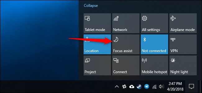 Na Central de Ações do Windows 10, clique em “Focus Assist”.