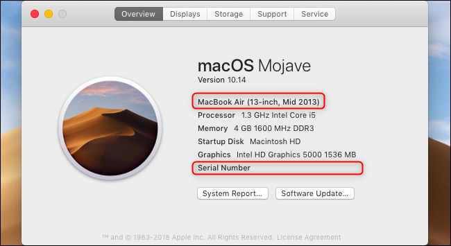 Número do modelo e número de série do MacBook exibidos na janela Sobre este Mac.