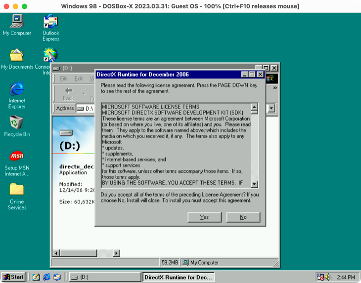 Instalador DirectX 9.0c em execução no Windows 98 SE