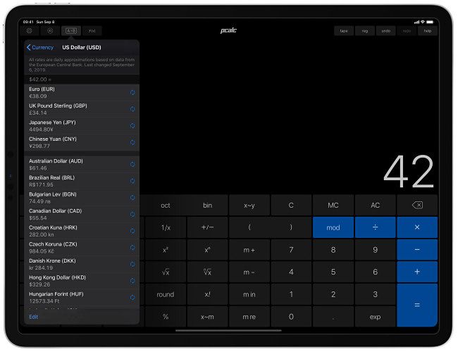 Uma captura de tela do PCalc no iPad.