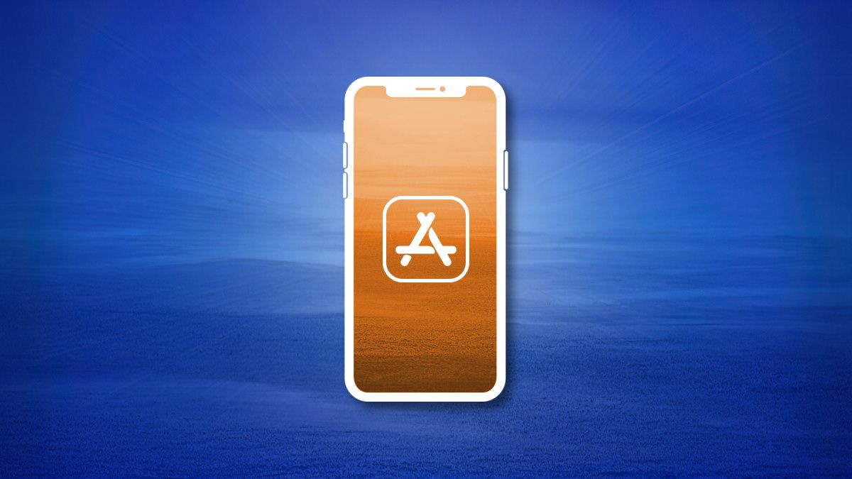 Um contorno do iPhone com uma tela laranja contendo um ícone da App Store em um fundo azul