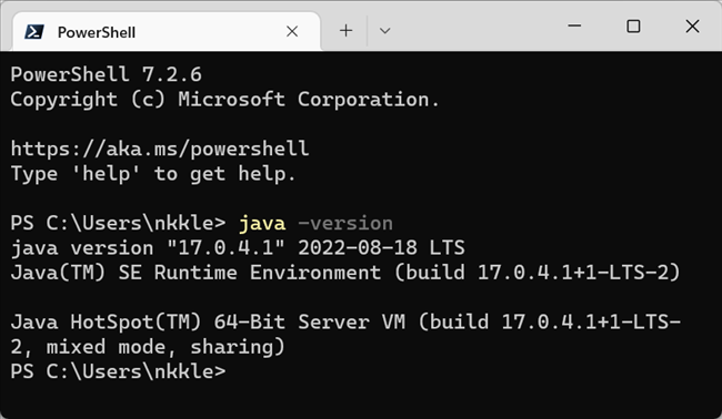 A saída do comando “java -version”.  Java Runtime Environment (Compilação 17.0.4.1).