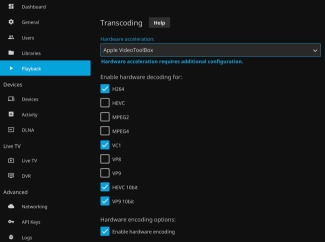 Habilite a transcodificação de hardware nas preferências do Jellyfin