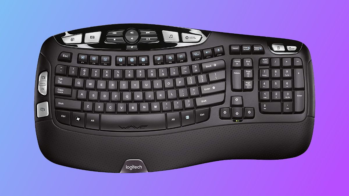 Logitech K350 em fundo roxo