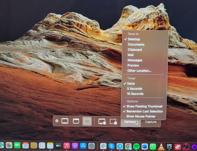 Opções de captura do MacOS