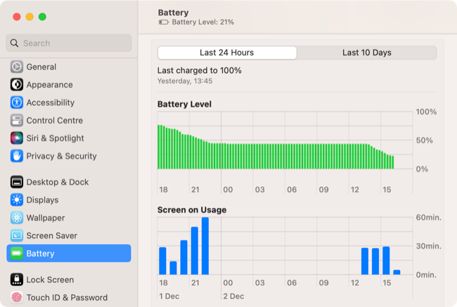 Gráfico do nível de bateria do macOS ao longo do tempo