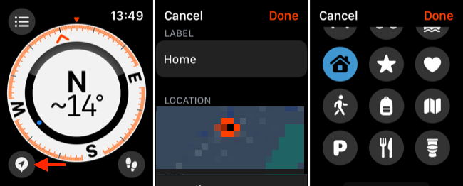 Marque Waypoint no aplicativo de bússola Apple Watch