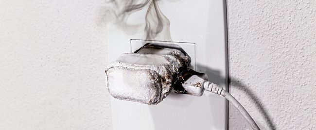 Um carregador de telefone quente e derretido que está soltando fumaça