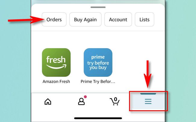 No aplicativo móvel Amazon, toque no menu de hambúrguer e selecione