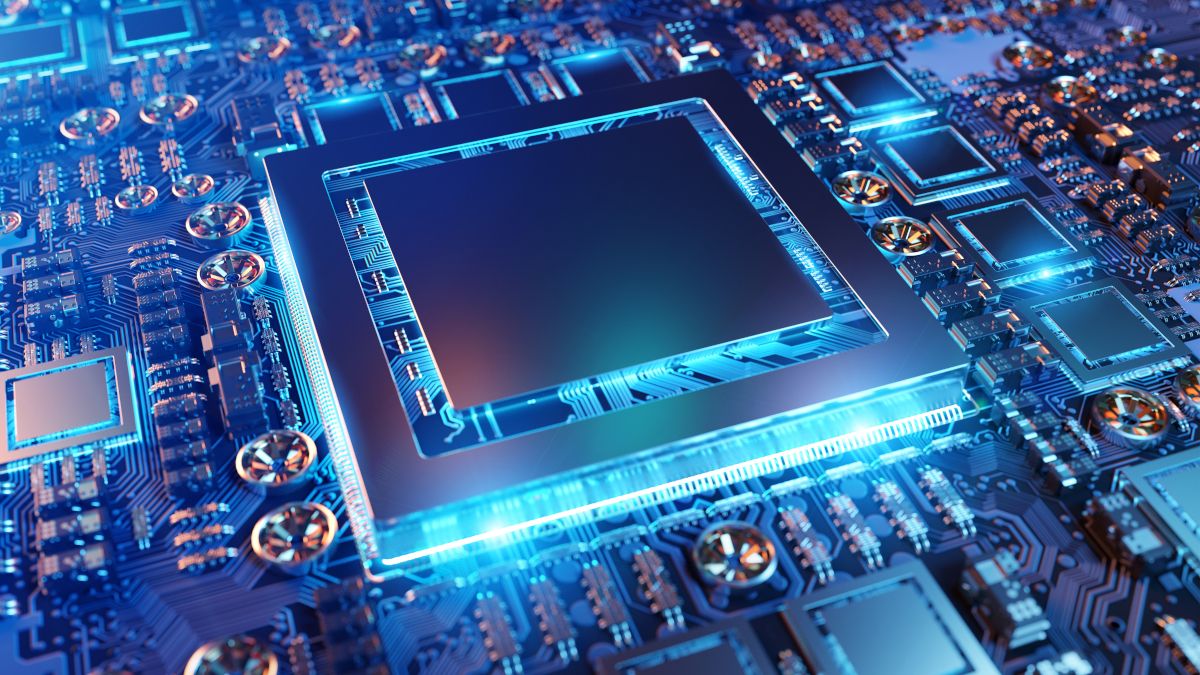 Um chip GPU em uma placa de circuito com detalhes de iluminação brilhantes.