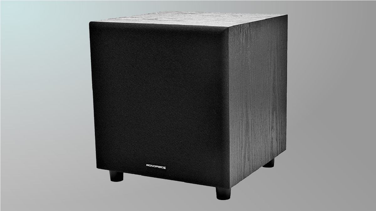 Subwoofer Monoprice em fundo cinza