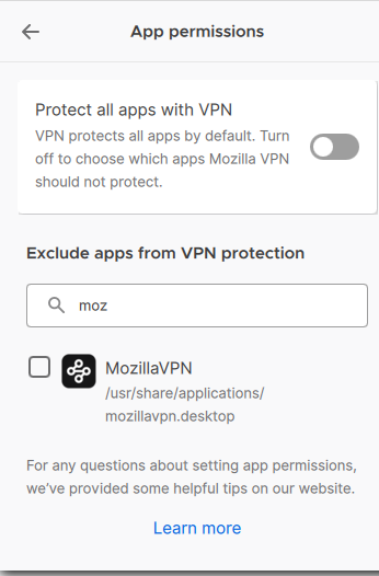 Tunelamento dividido da Mozilla VPN