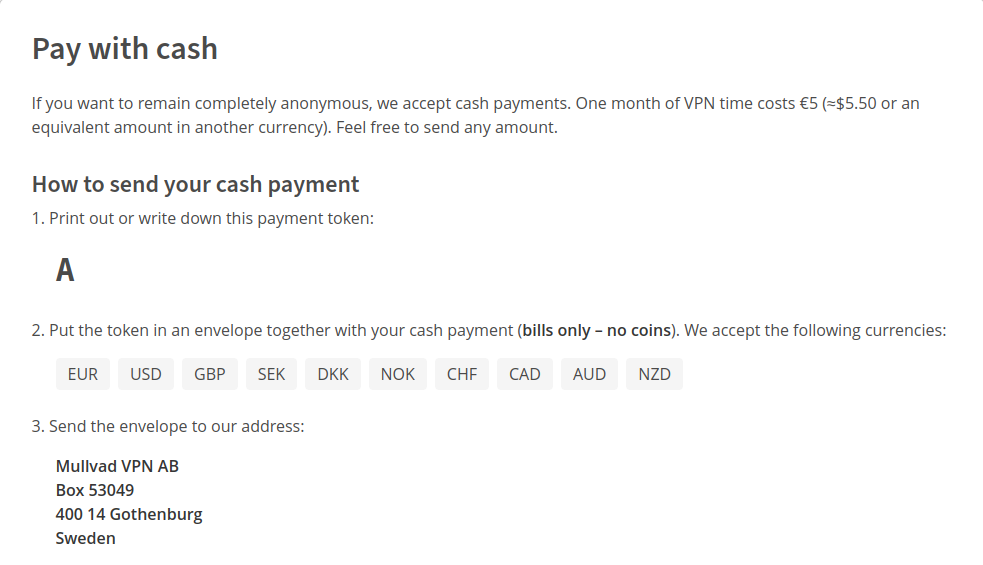 Pagando Mullvad com dinheiro