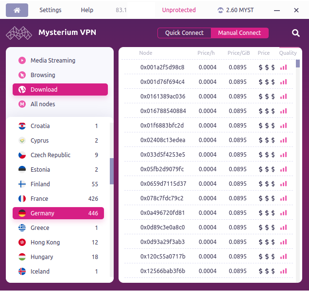 Nós de download do Mysterium VPN