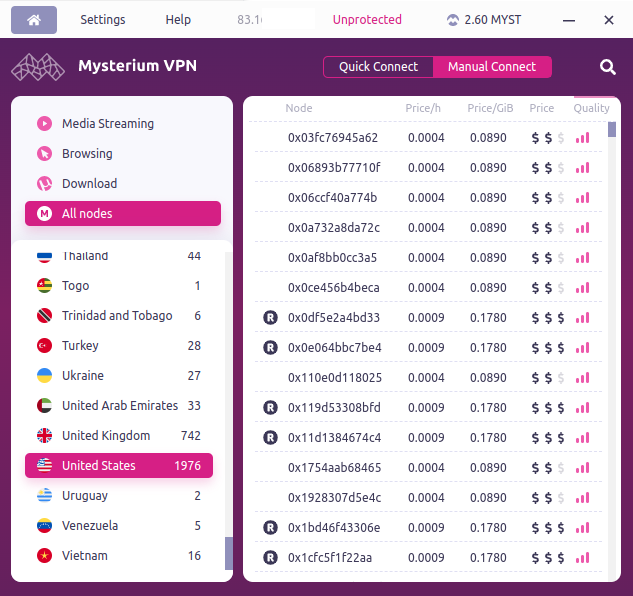 Interface principal do Mytserium VPN