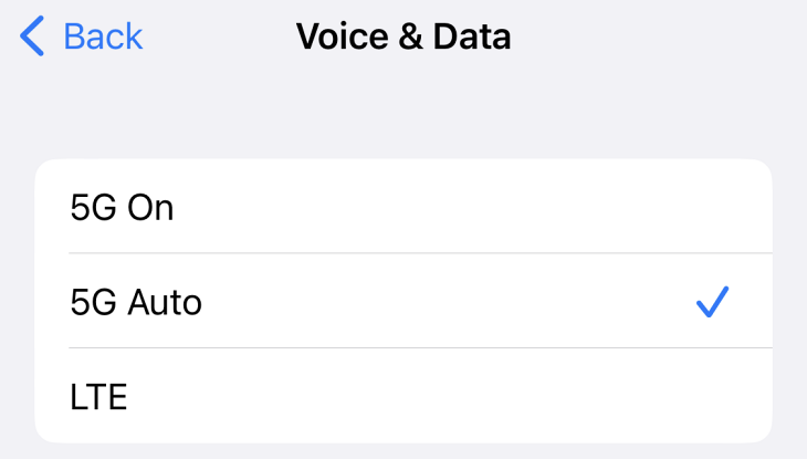 Opções de voz e dados no iOS