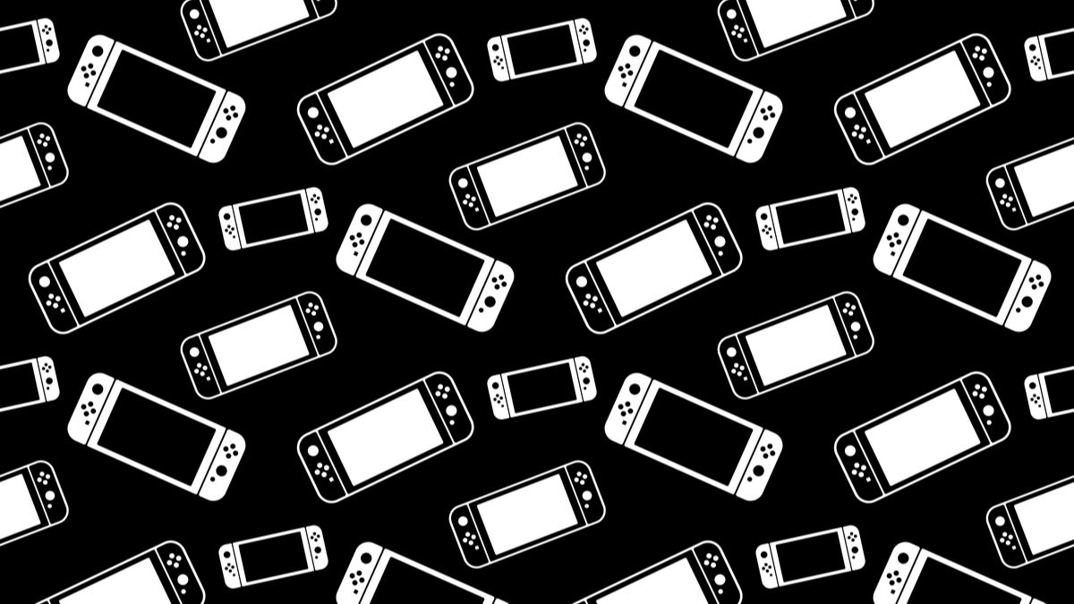 Um design em preto e branco de game pads do Nintendo Switch.