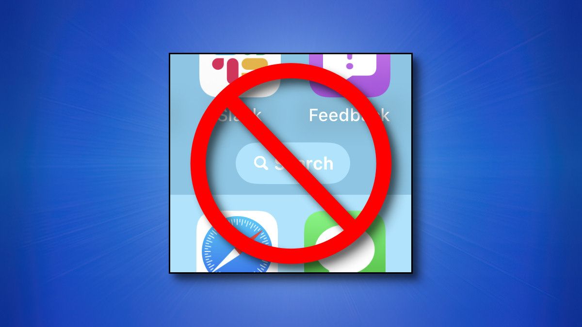 Um botão de pesquisa na tela inicial do iPhone riscado em um fundo azul.