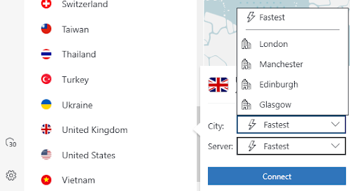 Selecionando uma cidade específica no NordVPN