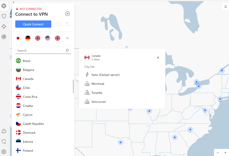 Selecionando um servidor no NordVPN