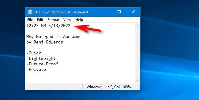 O carimbo de data/hora do bloco de notas F5 no Windows 10