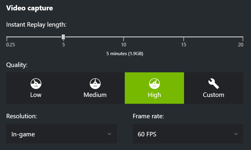 Configurações de captura de vídeo NVIDIA shadowplay