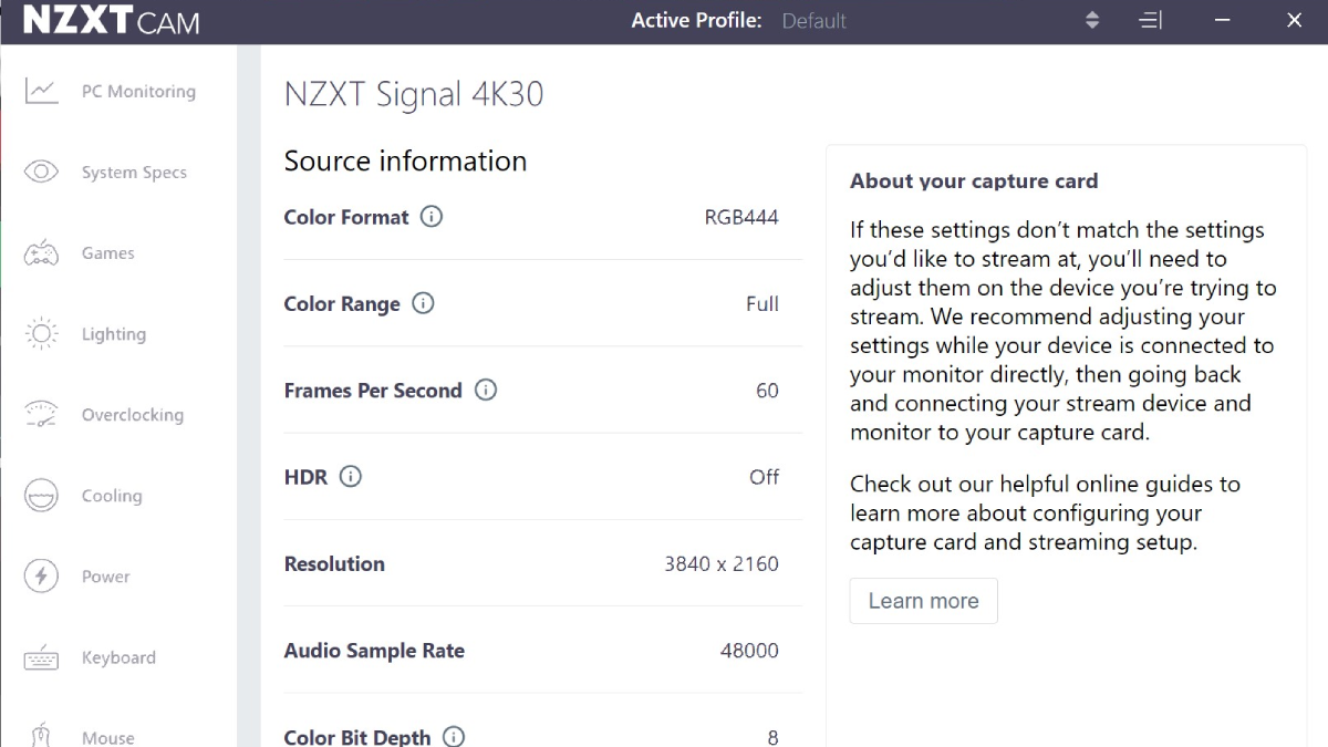 NZXT Signal 4K30 no software NZXT CAM