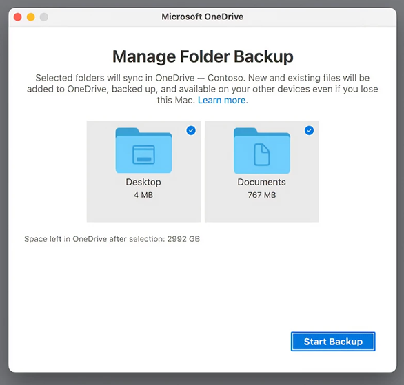 Captura de tela da sincronização de pastas do OneDrive no Mac