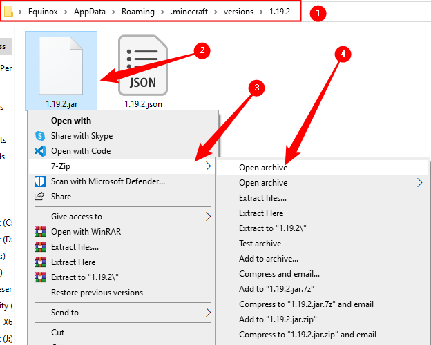 Clique com o botão direito no arquivo JAR do Minecraft e abra-o com 7-Zip, WinRAR ou qualquer outro programa de arquivamento.