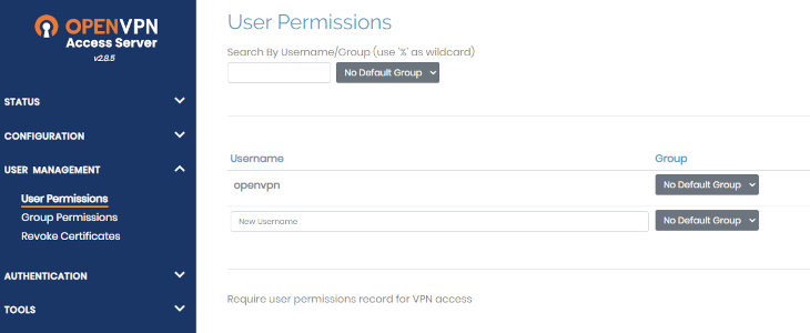 Tela de configurações do OpenVPN