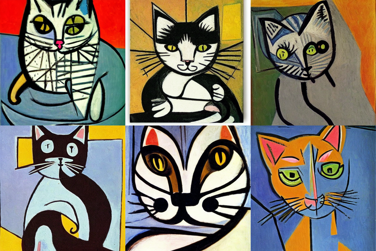 6 gatos, como imagens de difusão estável que Picasso os teria pintado.