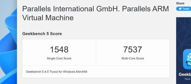 Pontuação do Parallels Desktop 18 no Geekbench