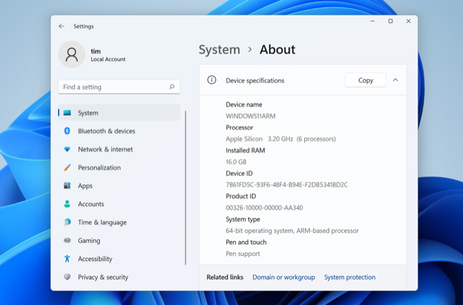 Informações do sistema Windows do Parallels Desktop 18
