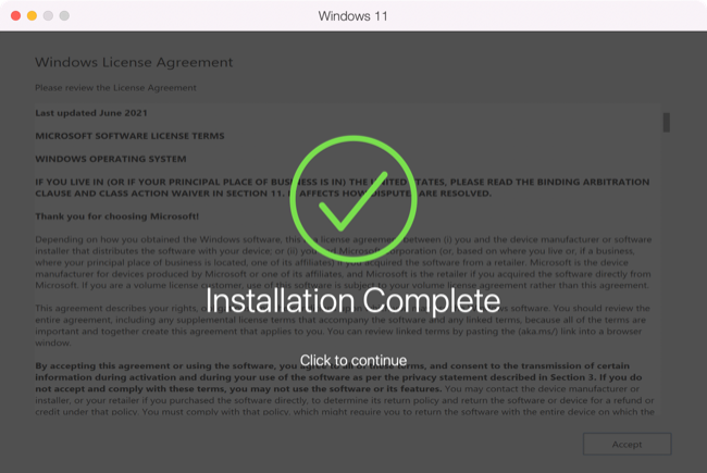 Instalação do Parallels Desktop 18 no Windows concluída